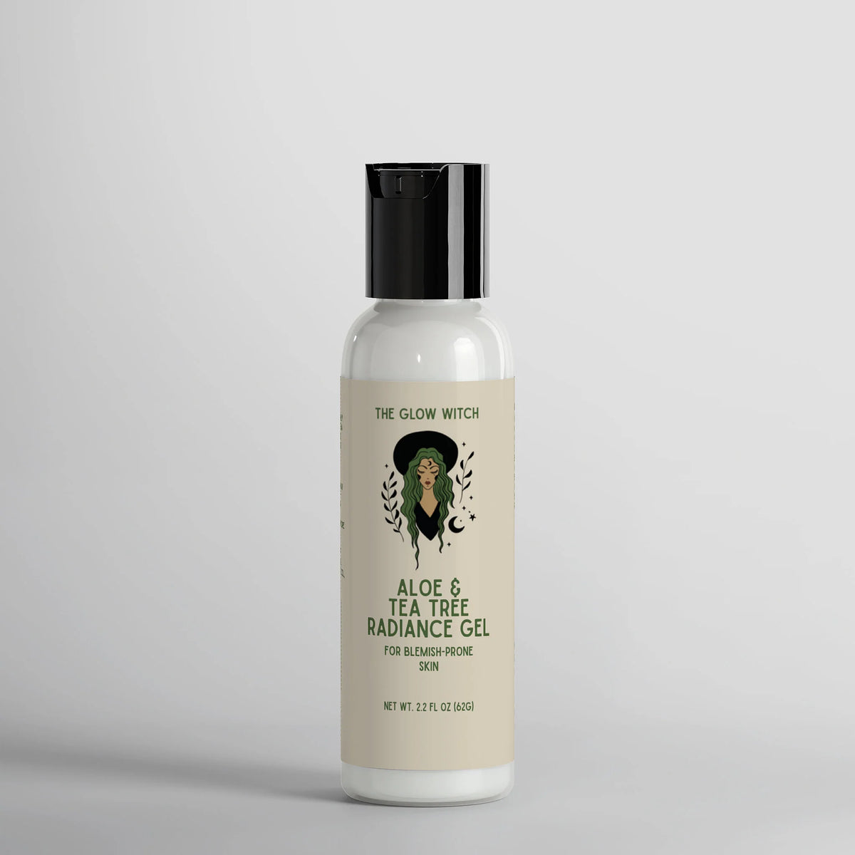 A 2.2 fl oz bottle of Aloe & Tea Tree Radiance Gel by The Glow Witch, featuring a cream-colored label with a black cap, set against a neutral light gray background.